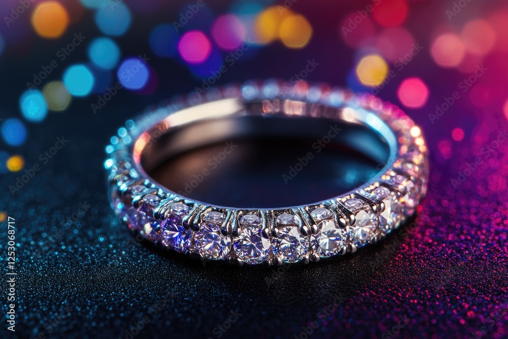 A stunning eternity band ring adorned with sparkling diamonds, elegantly displayed against a vibrant bokeh background. A stunning eternity band ring adorned with sparkling diamonds, elegantly displayed against a vibrant bokeh background.