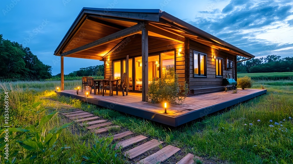 Modern Cabin, Dusk, Wooden Deck, Rural - Cozy Cabin Escapes