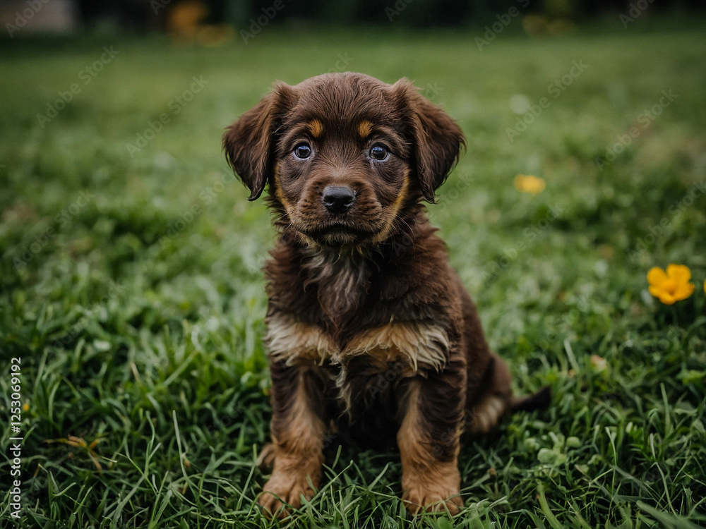 Brown puppy sitting on green grass. Brown puppy sitting on green grass.