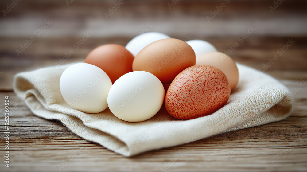 A collection of mixed-colored eggs rests gracefully on a rustic linen cloth, highlighting their organic shapes and varied hues. This serene arrangement evokes a sense of homeliness and natural beauty A collection of mixed-colored eggs rests gracefully on a rustic linen cloth, highlighting their organic shapes and varied hues. This serene arrangement evokes a sense of homeliness and natural beauty