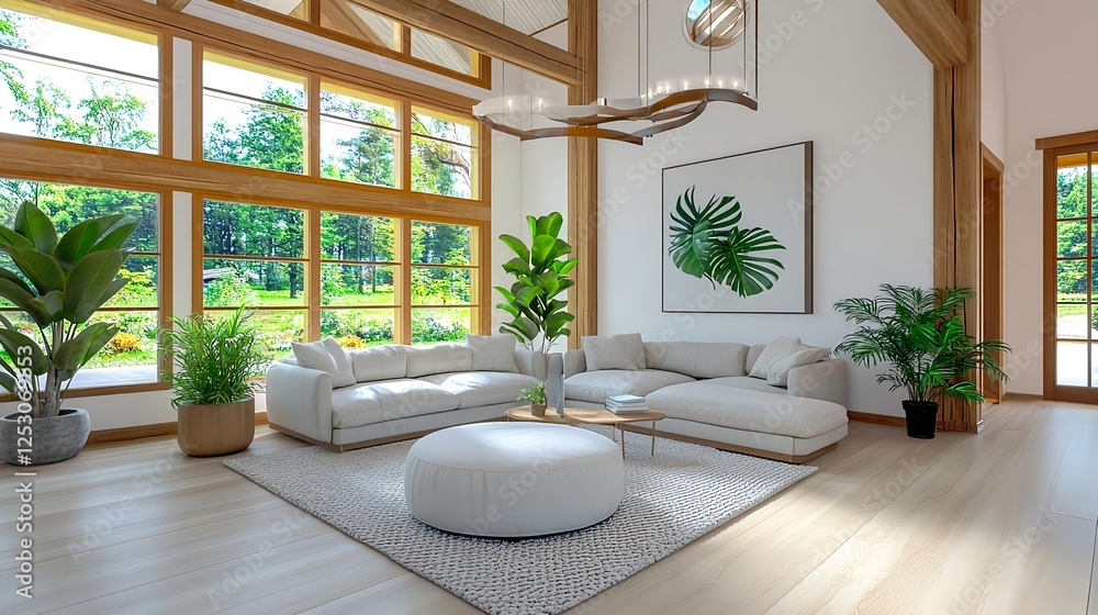 Fototapeta premium Modern Living Room, Sectional Sofa, Large Windows - Biophilic Design