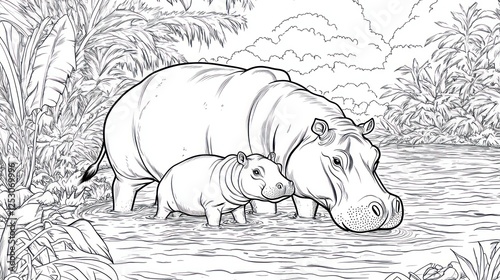 Mother and Baby Hippo in Jungle River. Coloring Book Image photo