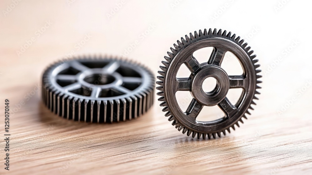 Interlocking Metal Gears On Light Wooden Table Interlocking Metal Gears On Light Wooden Table