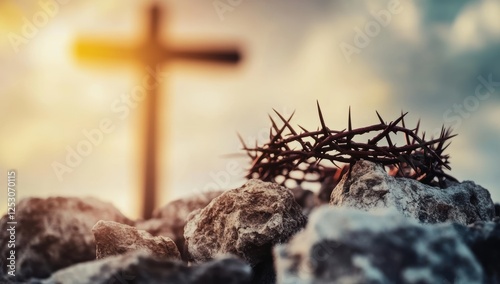Crown of thorns on rocky ground with a wooden cross in the background at sunrise, symbolic Christian scene