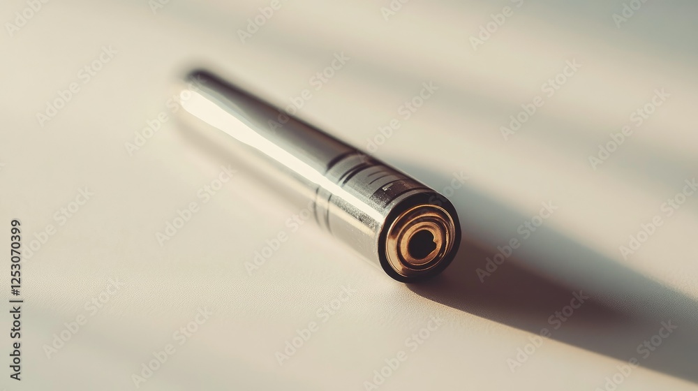 A single alkaline battery placed diagonally on a white background, its metallic top in focus A single alkaline battery placed diagonally on a white background, its metallic top in focus