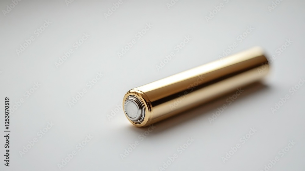 A single alkaline battery placed diagonally on a white background, its metallic top in focus A single alkaline battery placed diagonally on a white background, its metallic top in focus