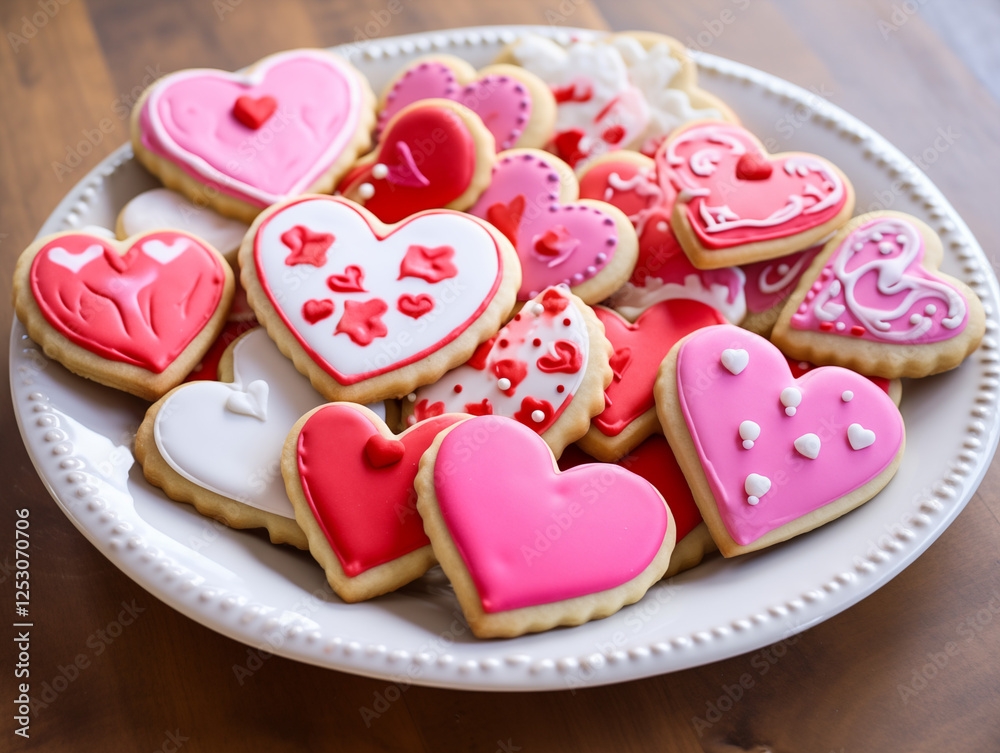 A collection of heart-shaped cookies decorated with pink and red icing, arranged on a delicate plate, offering a sweet and thoughtful Valentine's Day gift. A collection of heart-shaped cookies decorated with pink and red icing, arranged on a delicate plate, offering a sweet and thoughtful Valentine's Day gift.