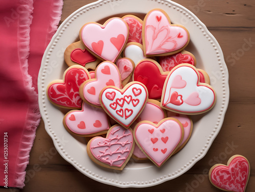 A collection of heart-shaped cookies decorated with pink and red icing, arranged on a delicate plate, offering a sweet and thoughtful Valentine's Day gift. photo