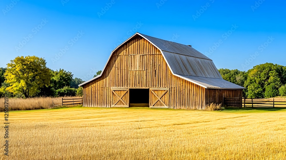 Obraz premium Rustic Wooden Barn in Golden Wheat Field - Rustic/vintage