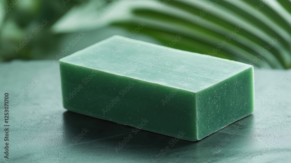 A vibrant green soap bar placed on a minimalist background, surrounded by lush leaves. Perfect for showcasing eco-friendly products in a spa or lifestyle setting. A vibrant green soap bar placed on a minimalist background, surrounded by lush leaves. Perfect for showcasing eco-friendly products in a spa or lifestyle setting.