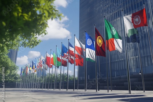 national flags representing global unity in front of the UN building