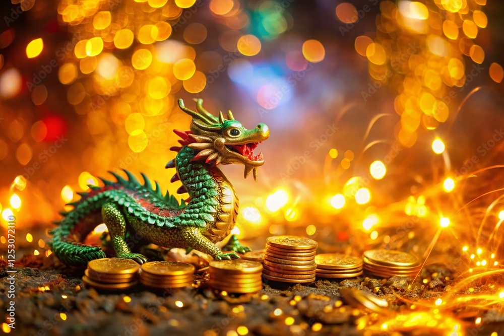 Fototapeta premium Miniature Dragon, Wealth, Celebration, Fireworks, Coins, Tilt-Shift Fantasy