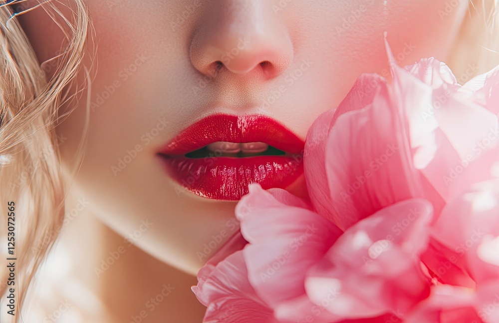 A close-up of the red lips and teeth, with pink rose petals wrapped around them, and blonde hair, creating an elegant atmosphere. A close-up of the red lips and teeth, with pink rose petals wrapped around them, and blonde hair, creating an elegant atmosphere.