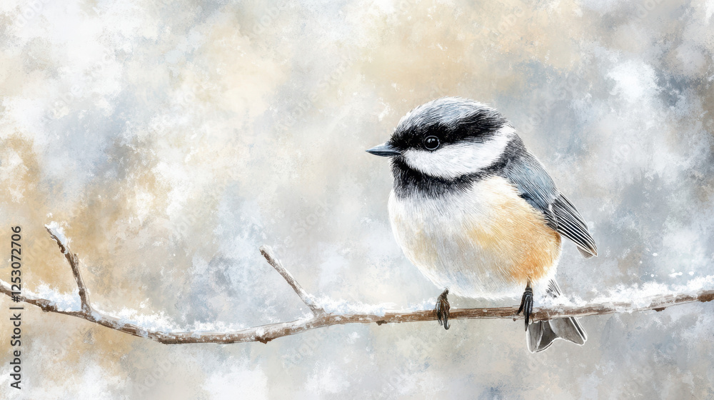 Bird Perched on a Snowy Branch in a Serene Winter Setting With Soft Gray and White Background Bird Perched on a Snowy Branch in a Serene Winter Setting With Soft Gray and White Background