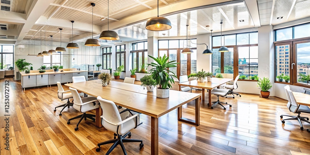 Bright Modern Coworking Space: Panoramic View of White Tables, Wooden Floors & Glass Meeting Room Bright Modern Coworking Space: Panoramic View of White Tables, Wooden Floors & Glass Meeting Room