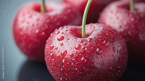 Fresh red cherries close-up, water droplets, dark background, food photography