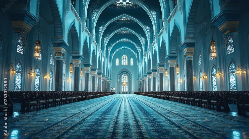 Majestic interior of a grand mosque with intricate blue arches, serene lighting, and empty pews Majestic interior of a grand mosque with intricate blue arches, serene lighting, and empty pews