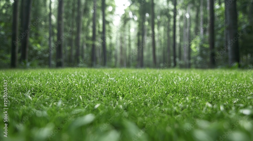Fototapeta premium Lush green grass grows in a sunny forest clearing during a bright summer day.