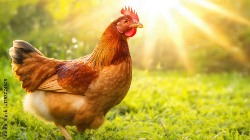 Fototapeta premium A charming hen explores a vibrant green field, basking in the warm sunlight of spring. The lively colors of the hen contrast beautifully with the lush grass, creating a serene atmosphere
