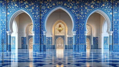 Stunning interior of a grand mosque featuring intricate blue tile work and arches, serene ambiance