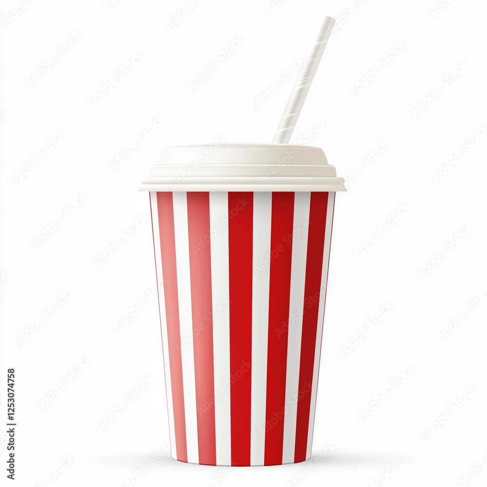 A realistic illustration of a red and white striped disposable cup with a white lid and straw, featuring a glossy surface and set against a clean white background. A realistic illustration of a red and white striped disposable cup with a white lid and straw, featuring a glossy surface and set against a clean white background.