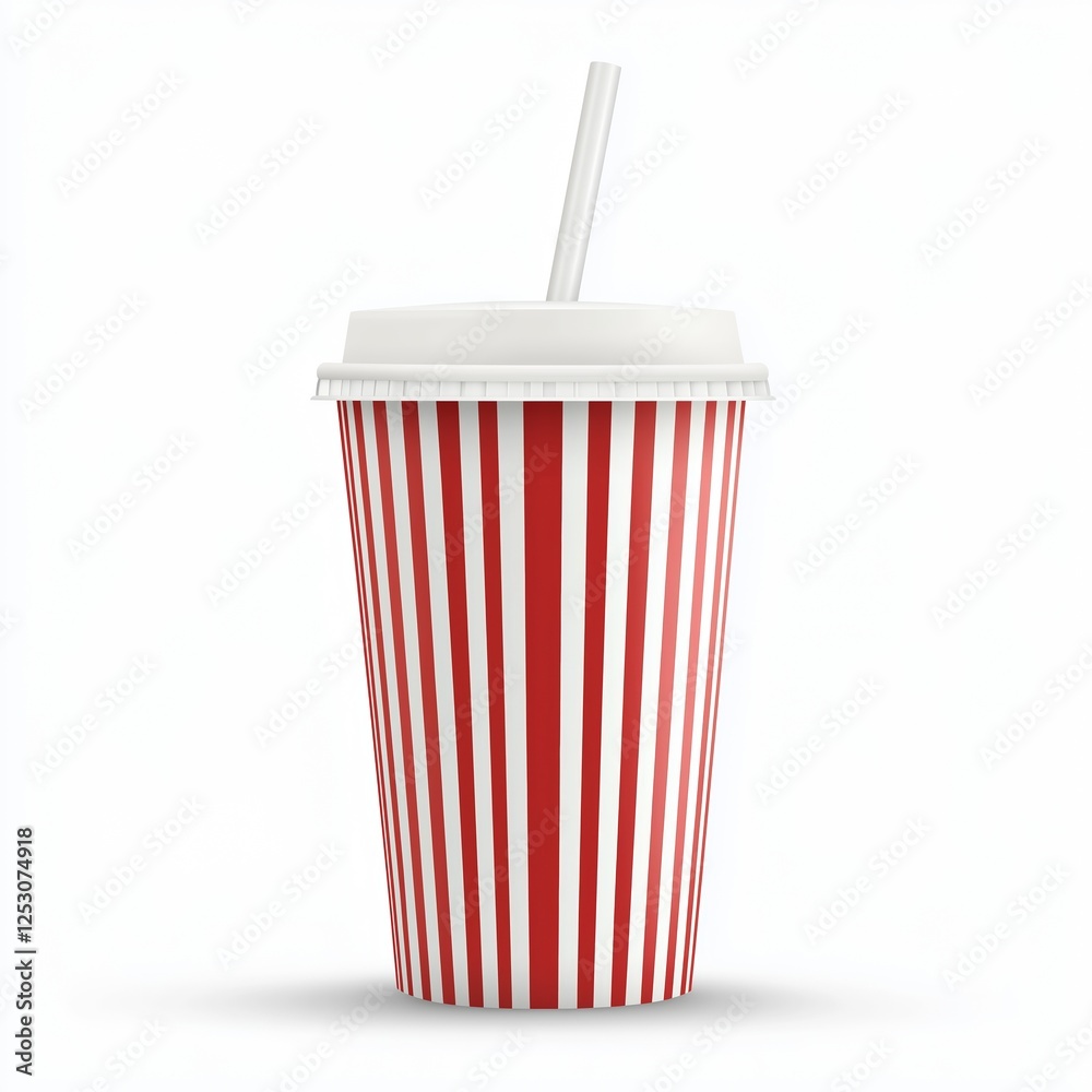A realistic illustration of a red and white striped disposable cup with a white lid and straw, featuring a glossy surface and set against a clean white background. A realistic illustration of a red and white striped disposable cup with a white lid and straw, featuring a glossy surface and set against a clean white background.