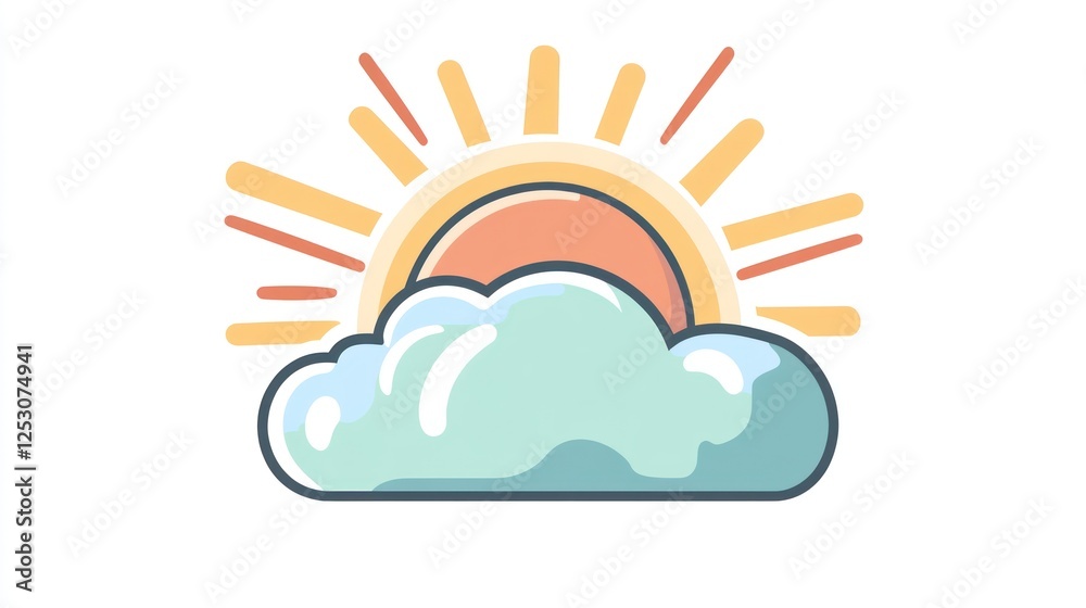 Sunny Day Illustration: A Pastel Sun Rising Behind a Fluffy Cloud Sunny Day Illustration: A Pastel Sun Rising Behind a Fluffy Cloud