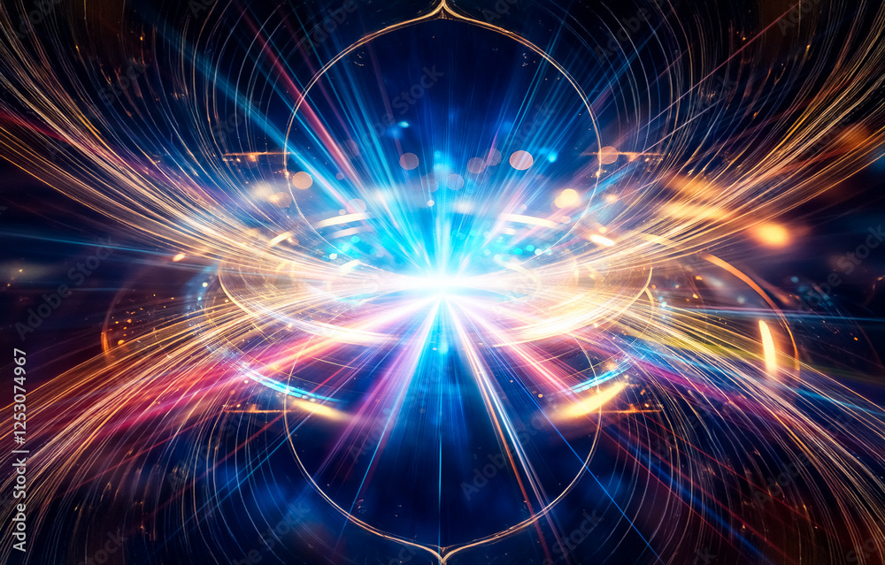Fototapeta premium Abstract image featuring a bright, glowing light source surrounded by blurred colorful streaks of light.