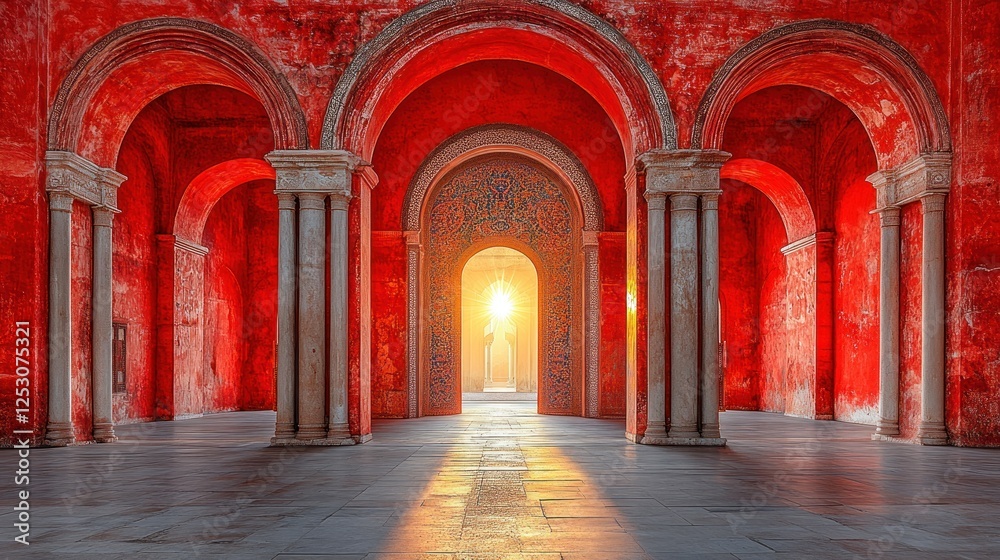 Vibrant red arches frame a glowing doorway, inviting exploration in an ancient hall Vibrant red arches frame a glowing doorway, inviting exploration in an ancient hall
