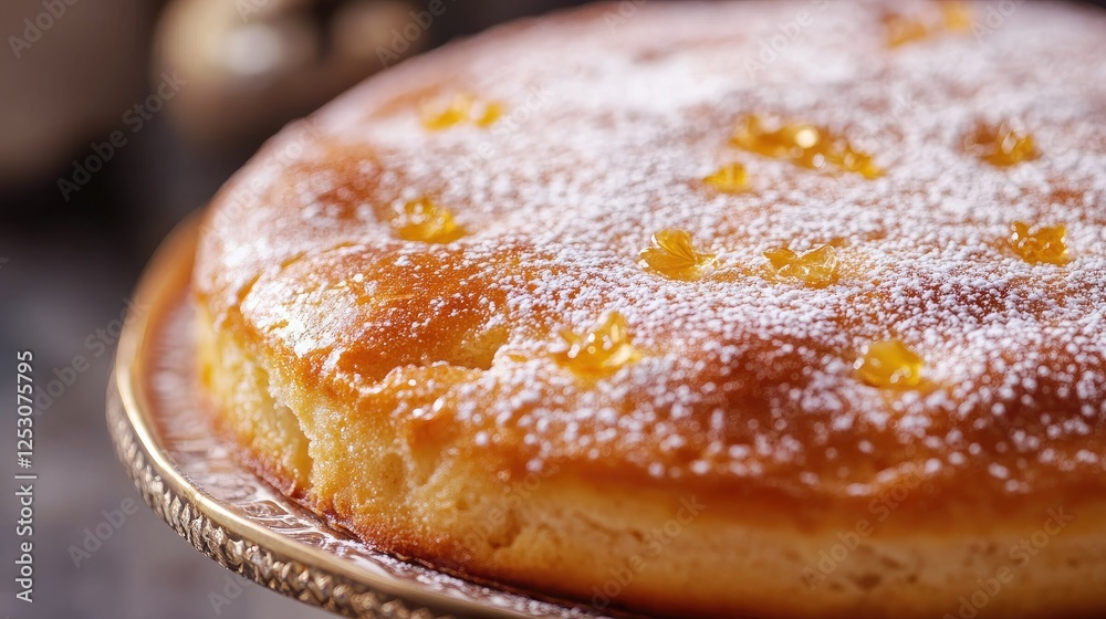 Close-up of golden, round Indian sweet bread dripping with rose water, topped with powdered sugar on a ceramic dish Close-up of golden, round Indian sweet bread dripping with rose water, topped with powdered sugar on a ceramic dish