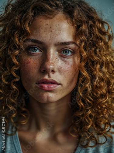 Captivating portrait of a young woman with curly hair and freckles indoors.