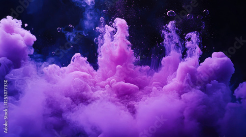 Colorful mist surrounds a hidden castle illustrating a magical atmosphere in the night sky with vibrant shades of purple