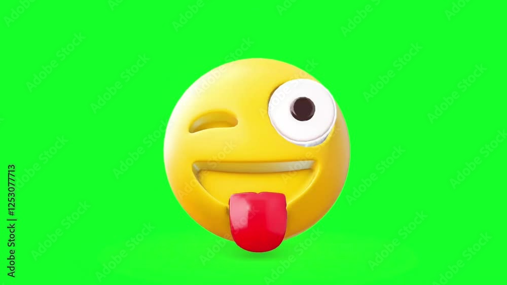 Winking 3D animated emoji with tongue out and playful expression isolated on green screen