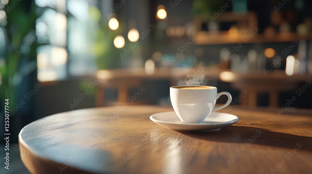 steaming espresso cup on wooden table in cozy cafe setting, surrounded by warm lighting and greenery, creates welcoming atmosphere steaming espresso cup on wooden table in cozy cafe setting, surrounded by warm lighting and greenery, creates welcoming atmosphere