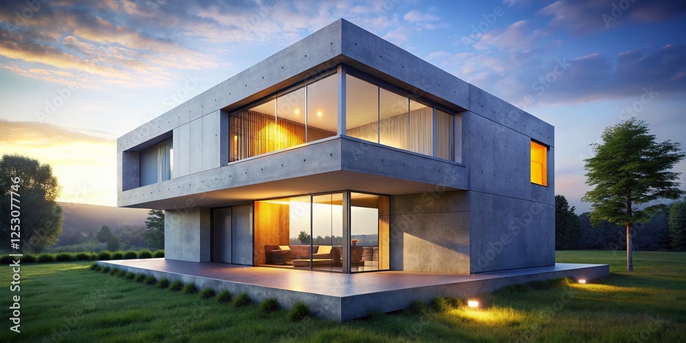 Minimalist Concrete Cube House: Modern Architecture Stock Photo Minimalist Concrete Cube House: Modern Architecture Stock Photo