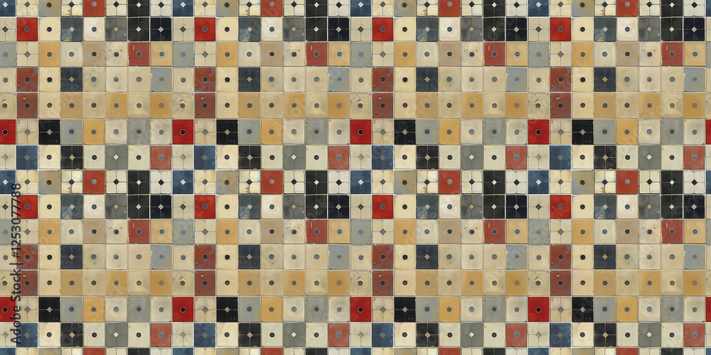 Fototapeta premium Vintage ceramic tile wall with geometric patterns in various colors