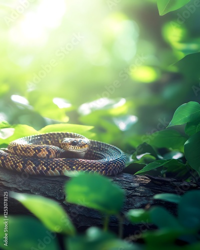A dreamy summer composition of blurred green foliage with a keelback snake basking on a sunlit log. photo