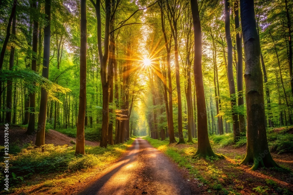 Minimalist Forest Interior View: Sunlight Dappled Path Minimalist Forest Interior View: Sunlight Dappled Path