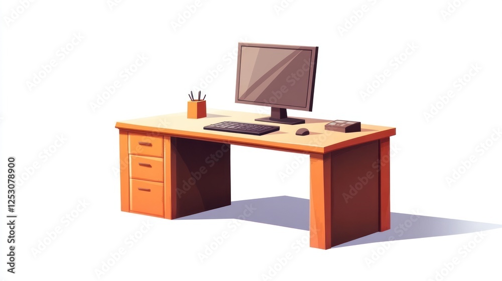 Office desk with computer, keyboard, mouse, and drawers. Useful for office supplies, home office, business, or interior design Office desk with computer, keyboard, mouse, and drawers. Useful for office supplies, home office, business, or interior design