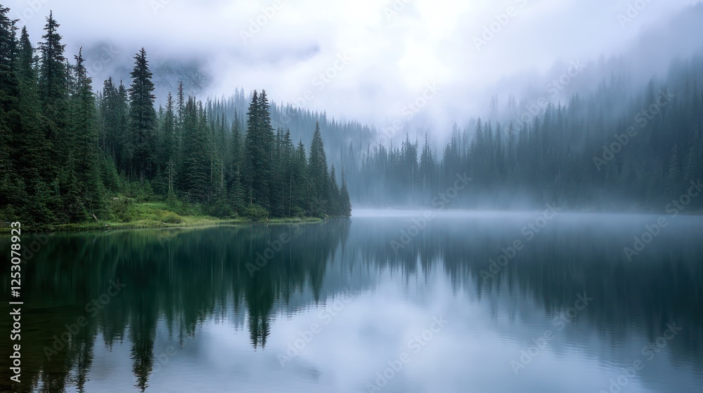 Misty Mountain Lake Reflection: A Serene Escape into Nature's Embrace Misty Mountain Lake Reflection: A Serene Escape into Nature's Embrace