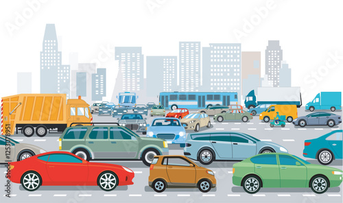 Stadtsilhouette einer Stadt im Verkehrsstau, illustration-.eps