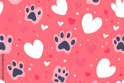 Cute Patterned Background with Paw Prints and Hearts