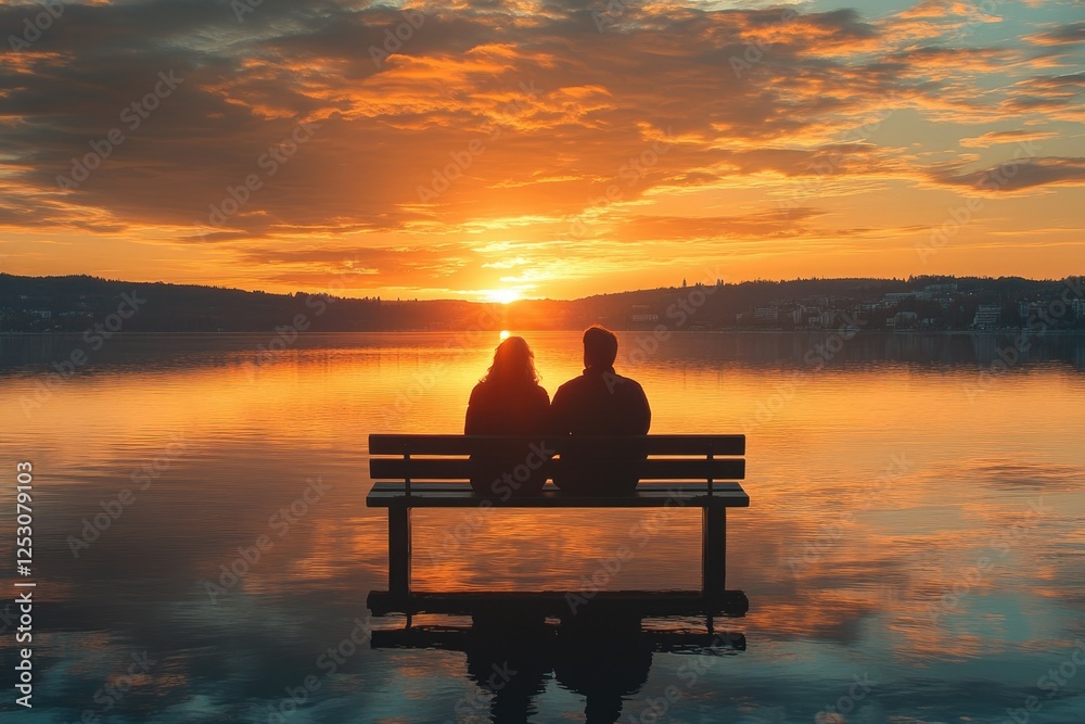 Obraz premium Silhouetted couple sits on a bench by a lake, watching a breathtaking sunset.