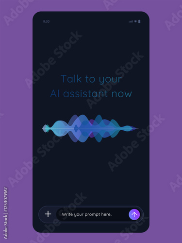 Mobile smartphone app AI virtual assistant speech to text with waveform user Interface speak chat artificial intelligence conversation smart voice assistant bright gradient