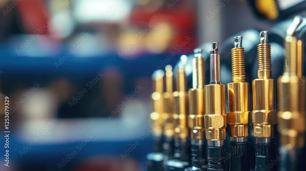 Multiple gold-plated coaxial connectors lined up with a blurred background of tools Multiple gold-plated coaxial connectors lined up with a blurred background of tools