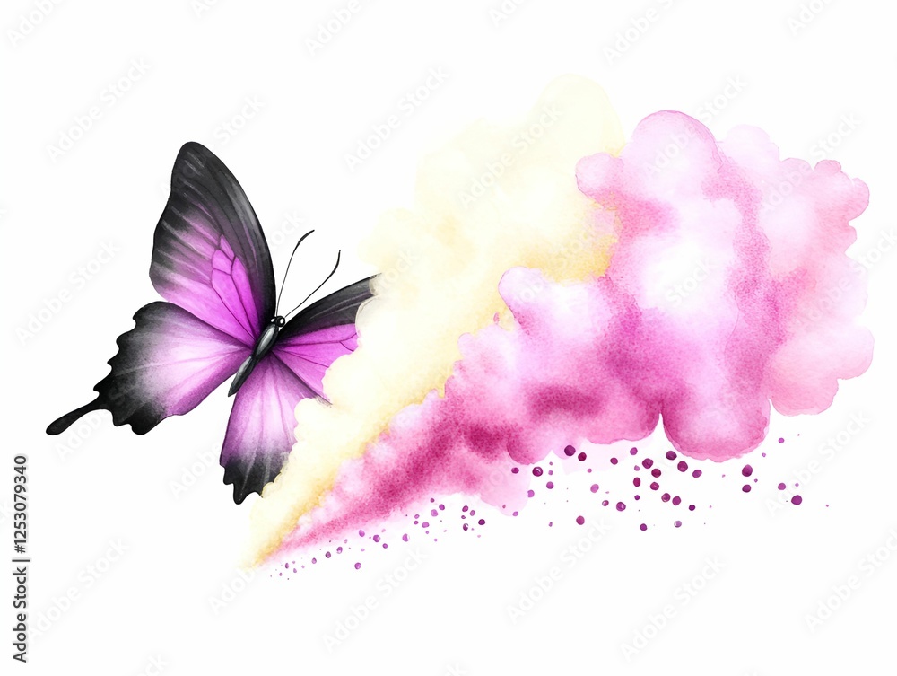 Obraz premium Butterfly watercolor art beautiful creative concept. A colorful butterfly with swirling pink smoke and dots, symbolizing transformation and creativity.