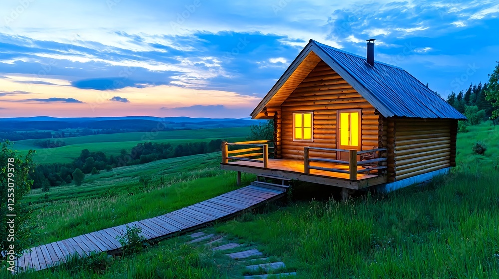 Cozy Cabin Sunset Landscape, Rural Retreat - Sustainable living Cozy Cabin Sunset Landscape, Rural Retreat - Sustainable living