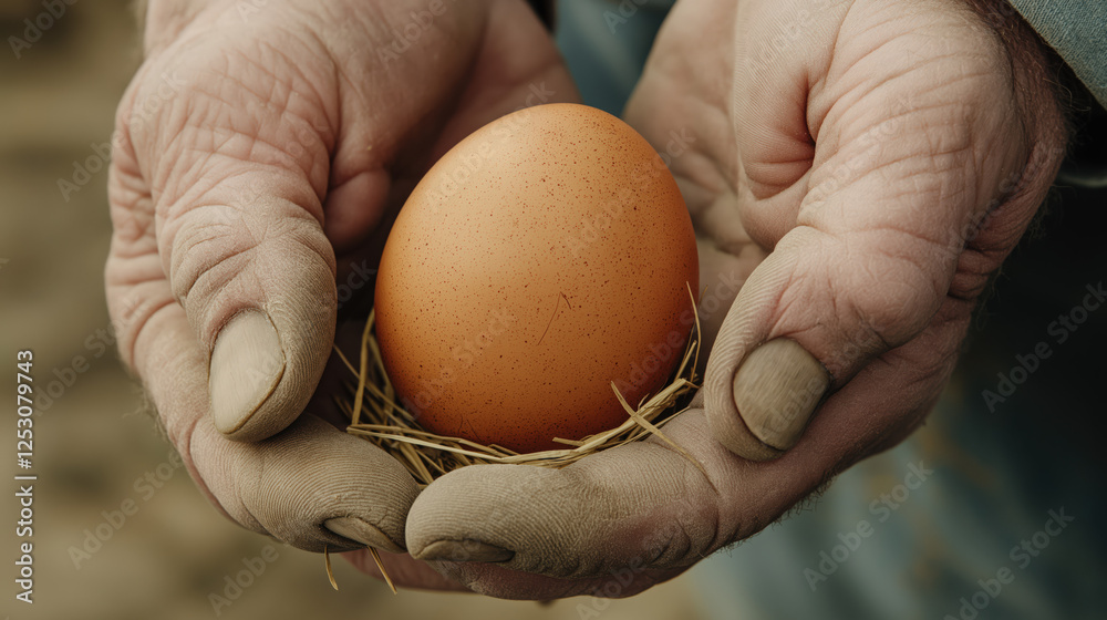 Gnarled hands with weathered skin gently hold a freshly laid egg nestled in a bed of straw, reflecting a deep connection to nature and the nurturing of life on a farm Gnarled hands with weathered skin gently hold a freshly laid egg nestled in a bed of straw, reflecting a deep connection to nature and the nurturing of life on a farm