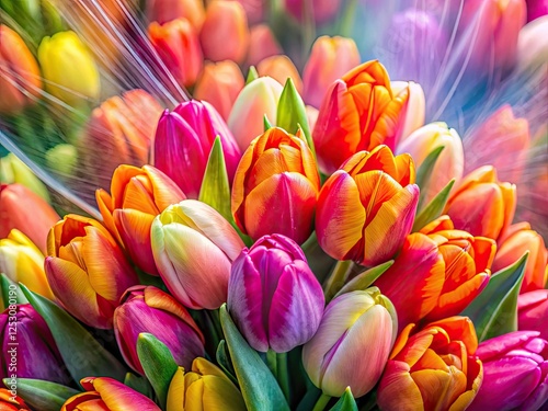 A vibrant close-up of a tulip bouquet, multiple exposures creating a colorful spring floral art masterpiece.