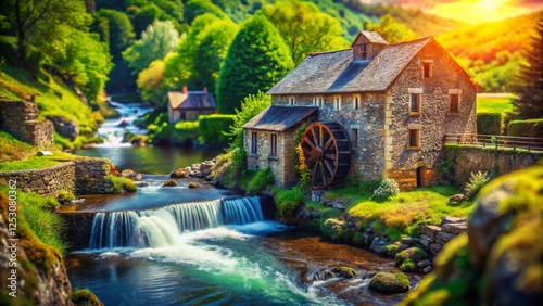 Charming Laveissiere Water Mill & Waterfall, Cantal, France - Tilt-Shift Photography photo
